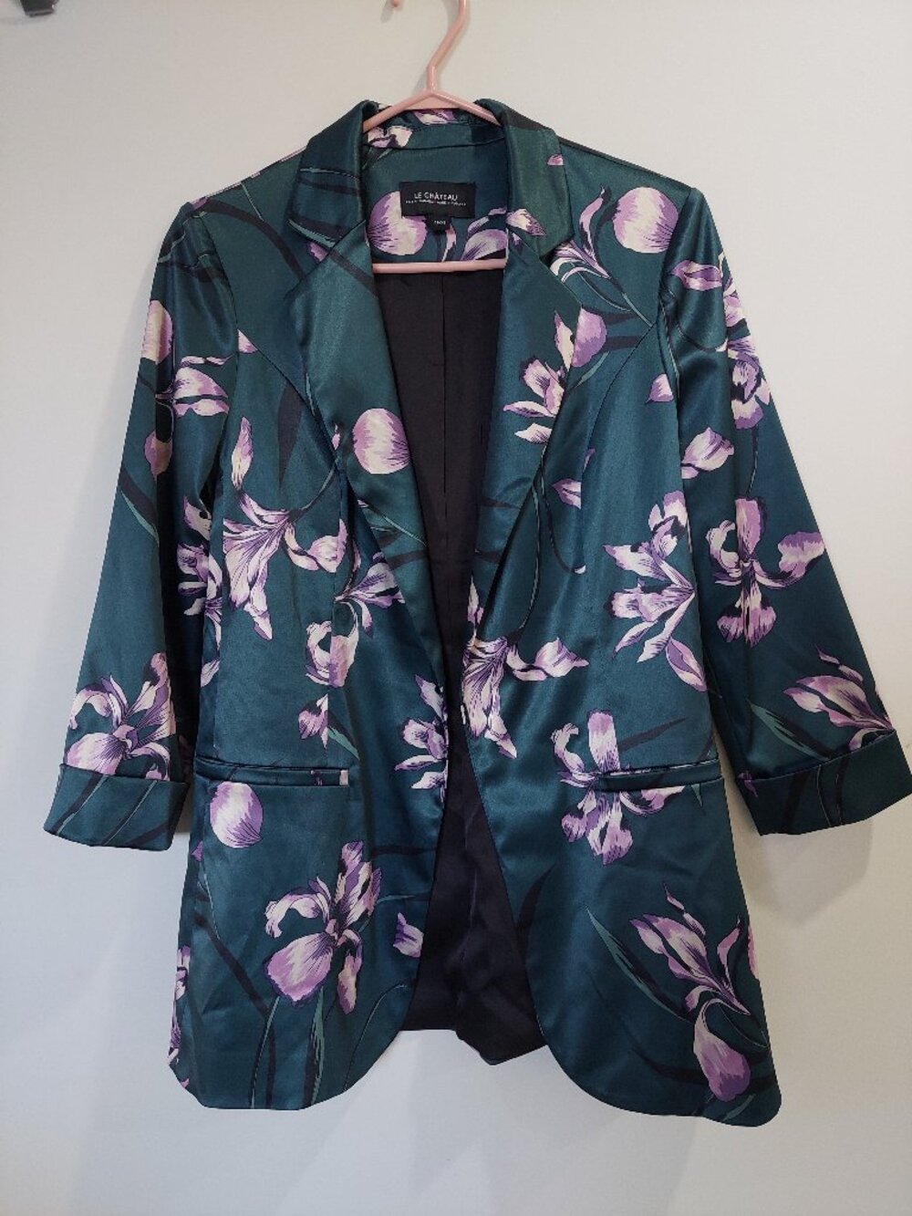 Le Chateau Women's XS floral Open Front Satin Blazer Dark Green Purple Boho